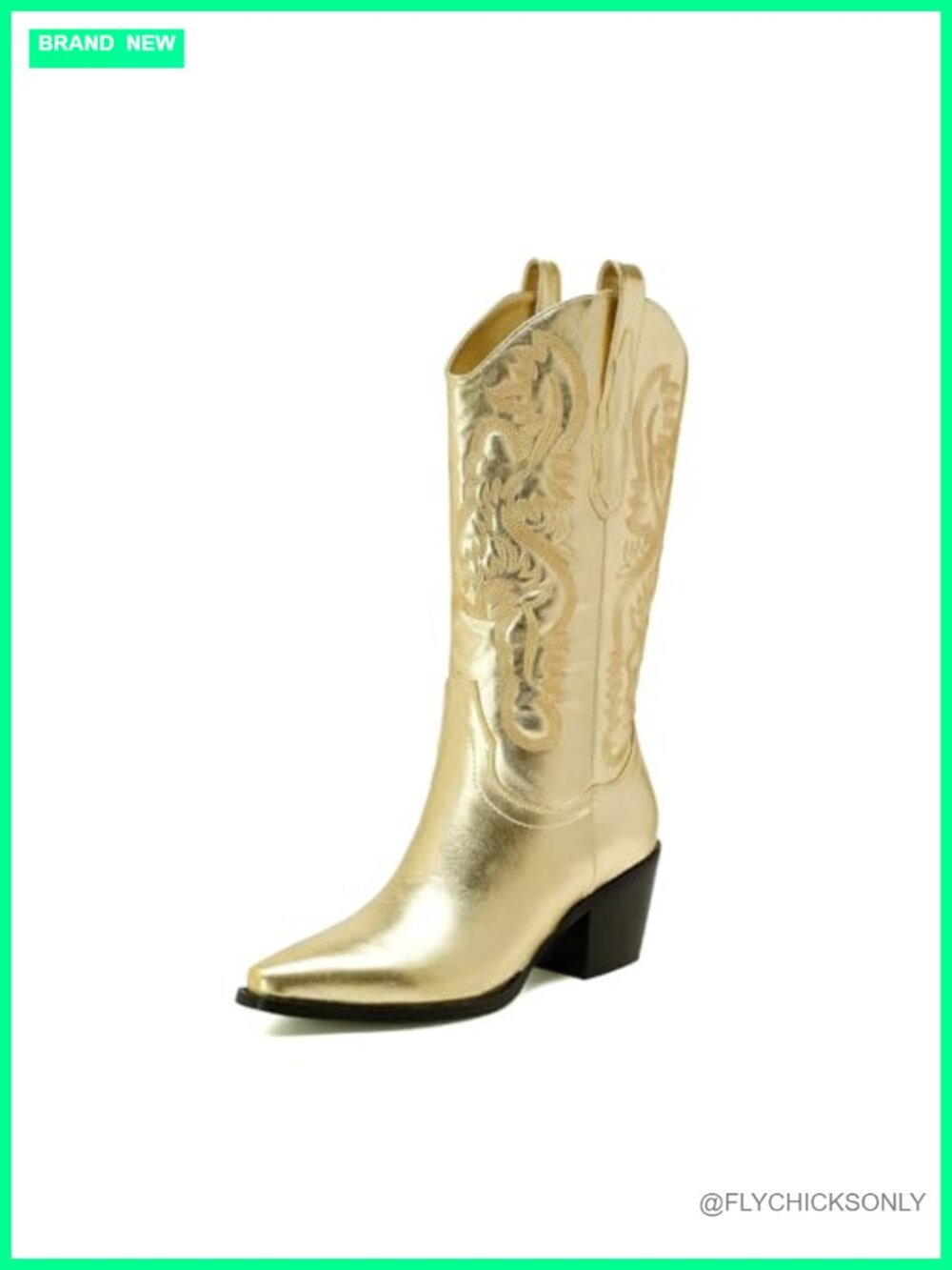 Women's Embroidered Western Cowboy Boots Mid Calf Metal PU Medium Heel Pointed